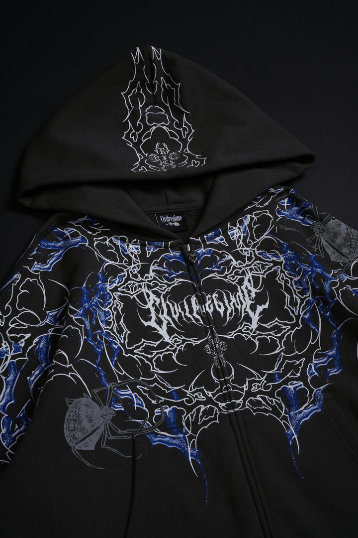 Corpse Flame Outliers Distressed Zip Up Hoodie in Charcoal
