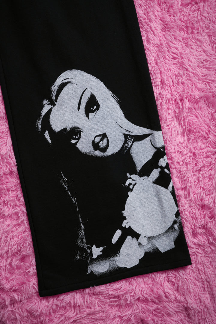 Petal With A Problem Ultra Lowrise Wide Leg Fleece Pants in Black
