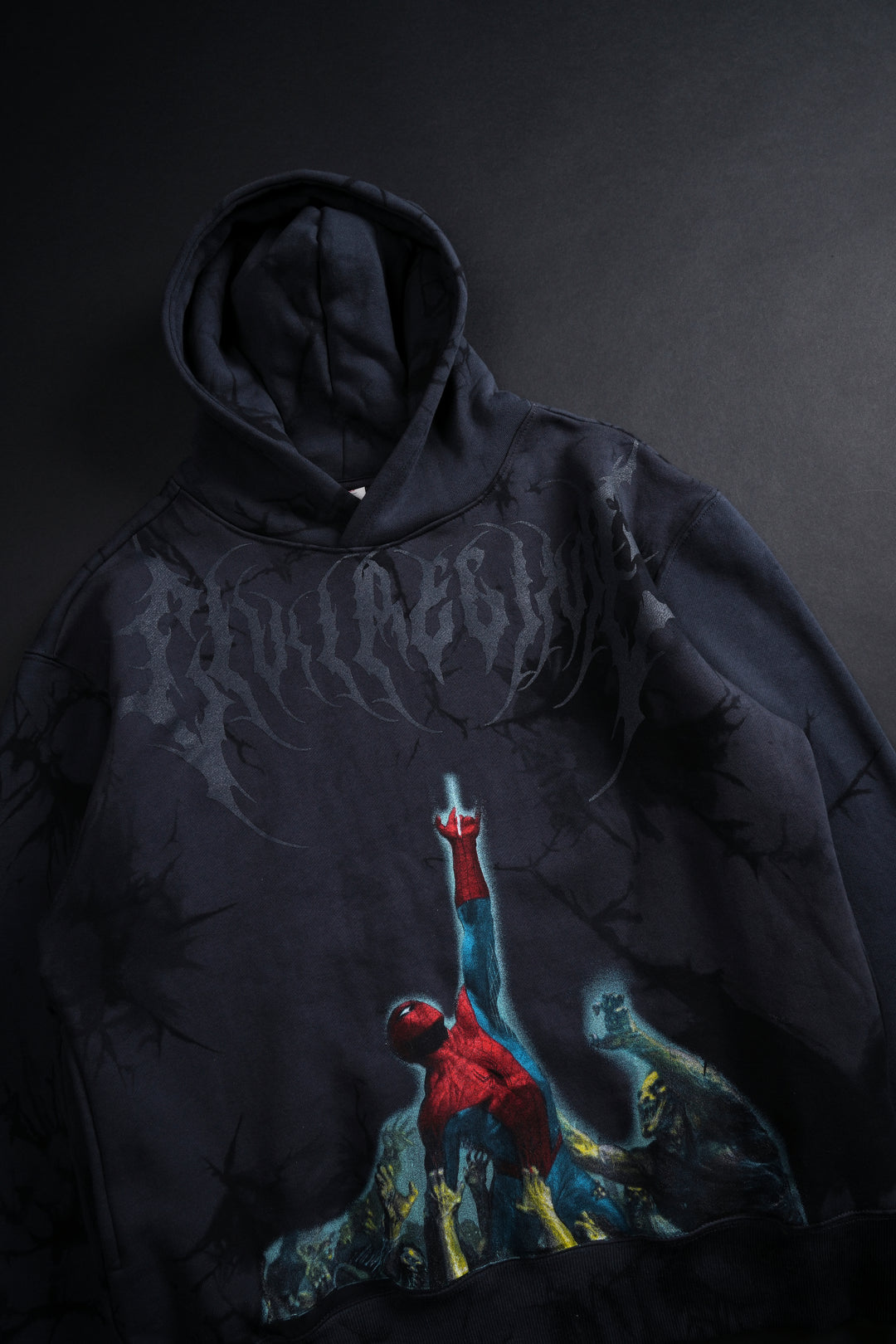 Zombie Spiderman Chaos Hoodie in Noir Wash
