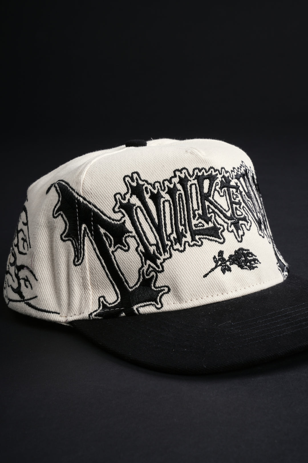 Roses And Bones 5 Panel Snapback Hat in Butter/Black