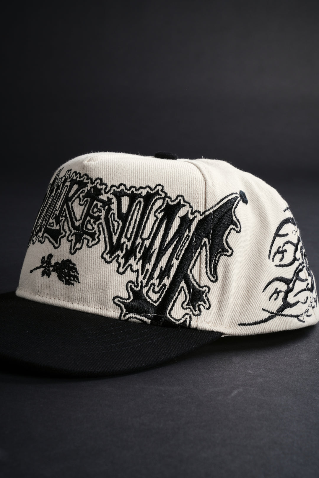 Roses And Bones 5 Panel Snapback Hat in Butter/Black