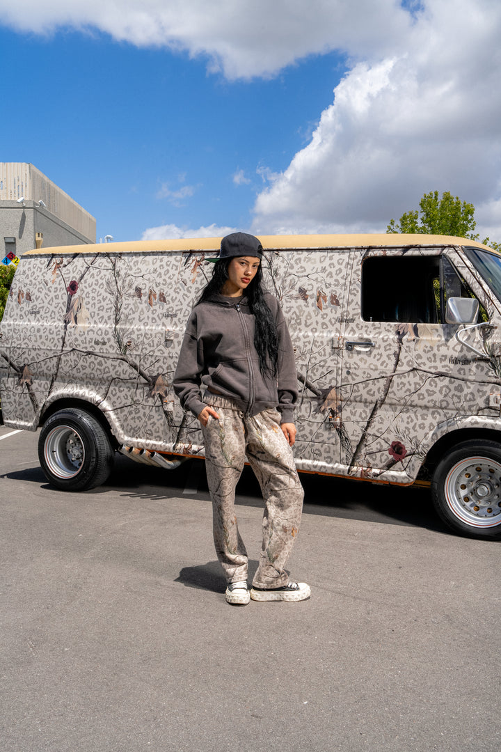 Concrete Sin Wide Leg Fleece Pants in Sun Wash Real Leopard Camo