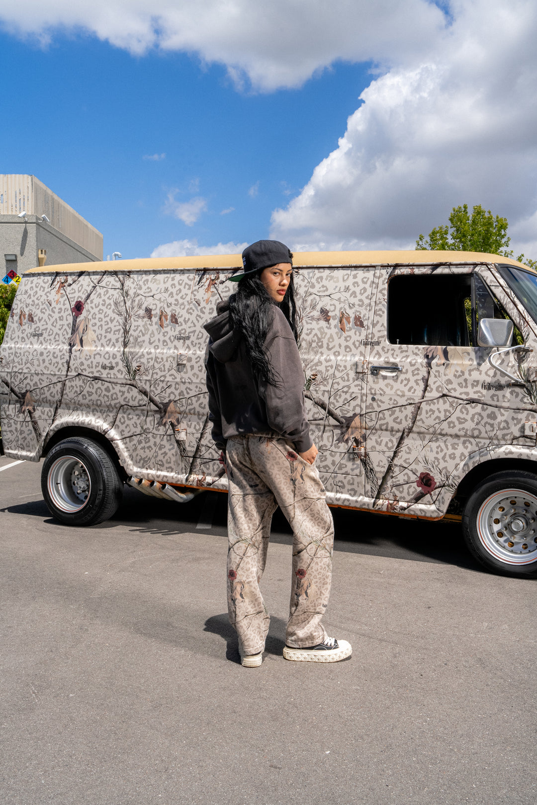 Concrete Sin Wide Leg Fleece Pants in Sun Wash Real Leopard Camo