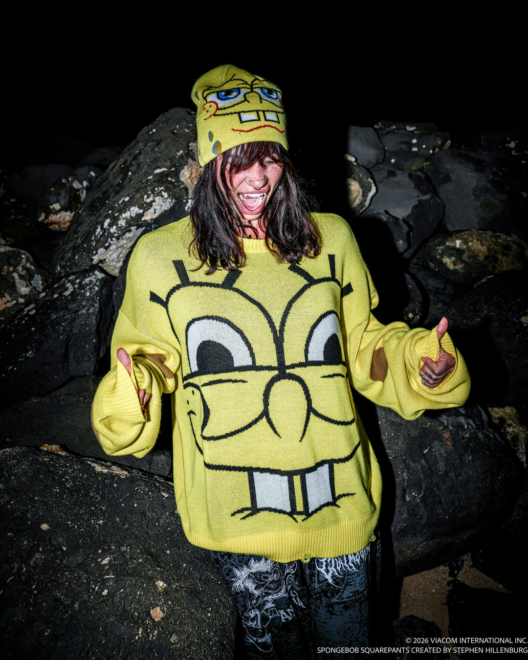 Krusty And Corroded Cable Distressed Knit Sweater in Spongebob Yellow