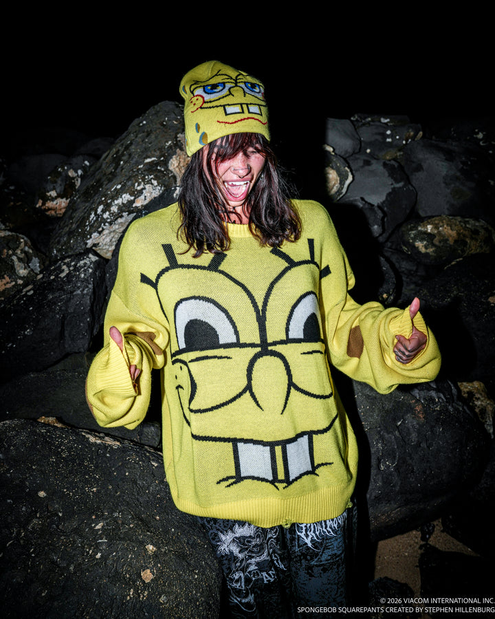 Krusty And Corroded Cable Distressed Knit Sweater in Spongebob Yellow
