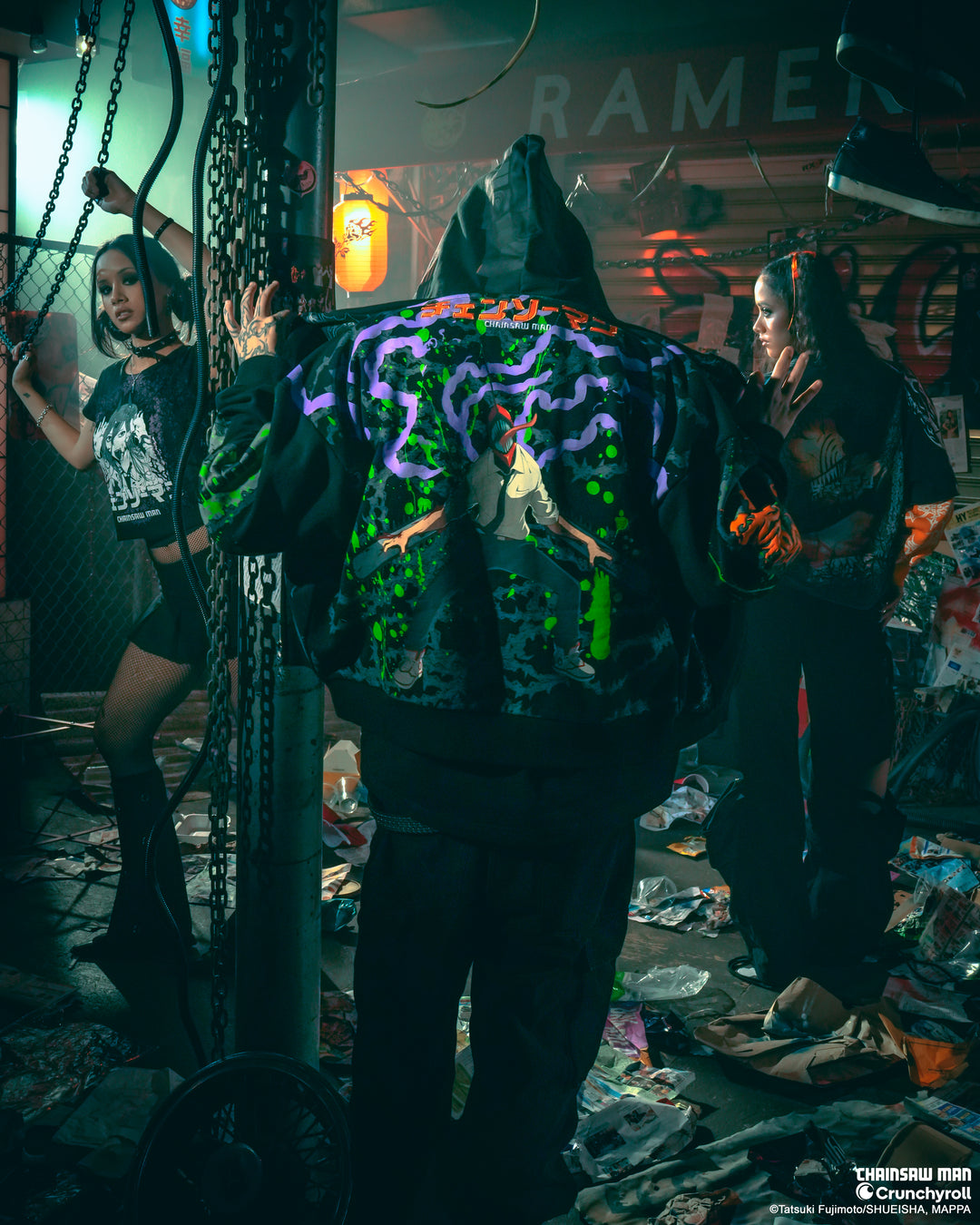 Chain Head Full Zip Up Hoodie in Black