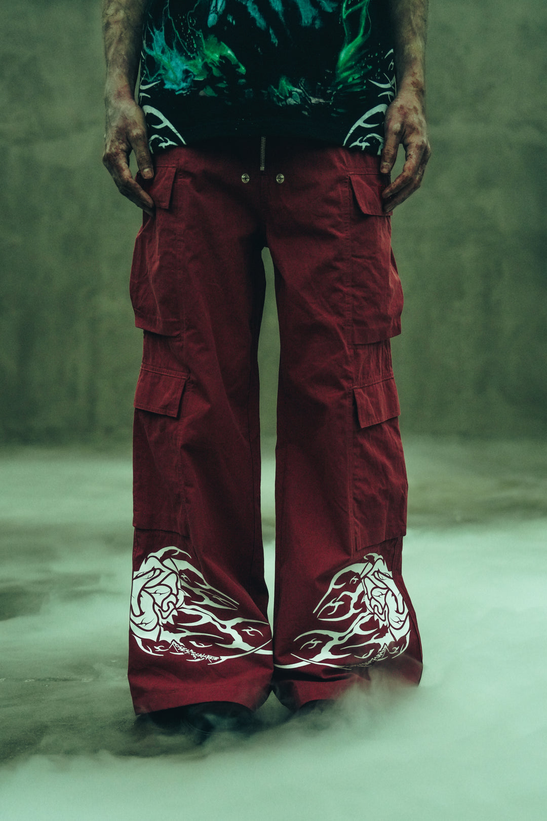 Fallen Rose Ultra Wide Leg Cargo Pants in Burgundy