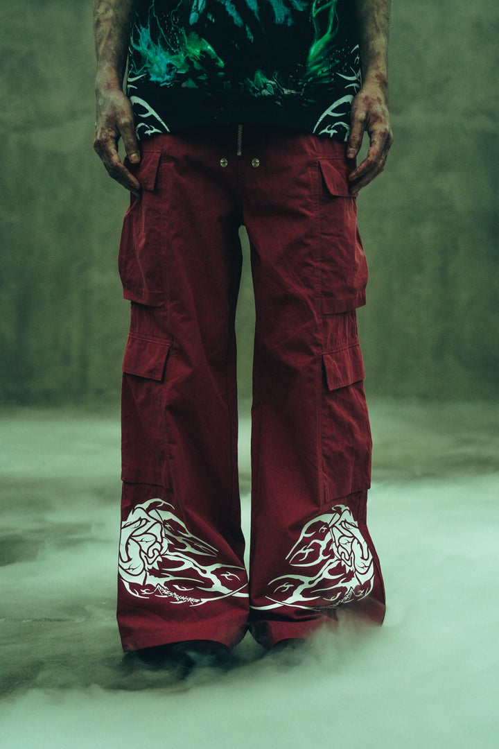 Fallen Rose Ultra Wide Leg Cargo Pants in Burgundy