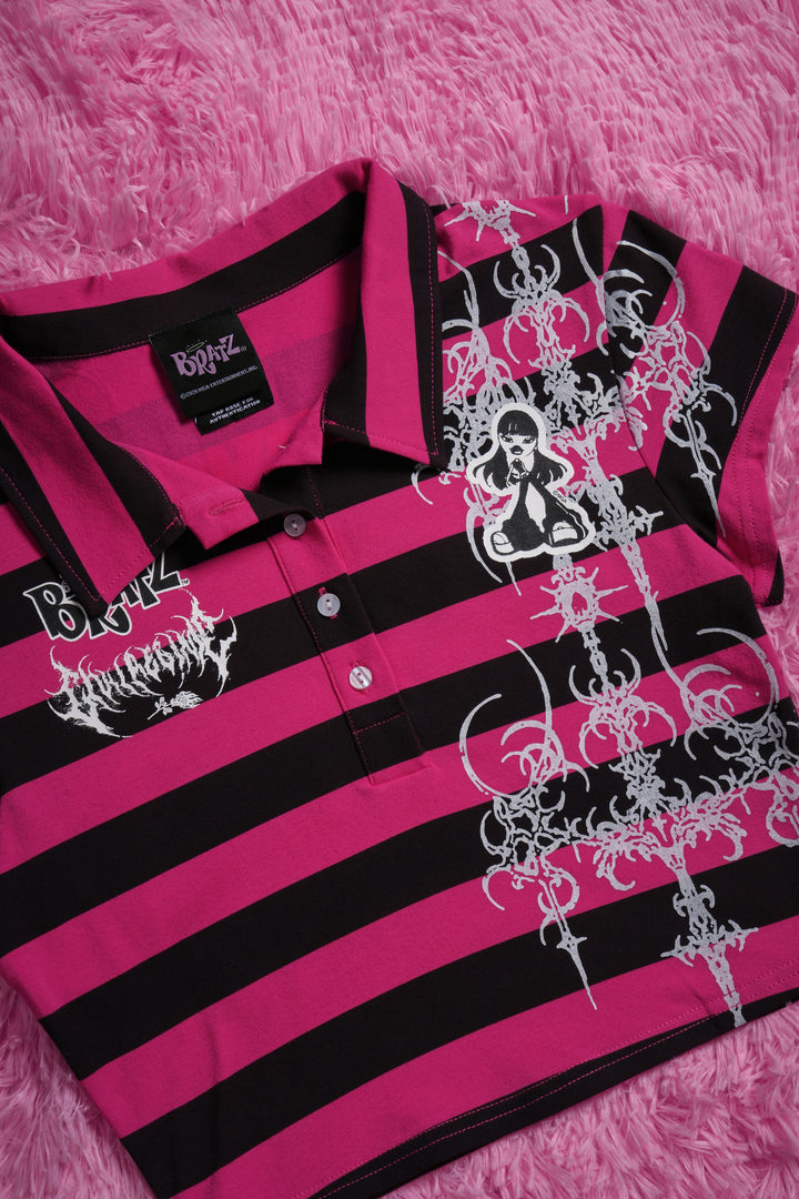 Varsity Villain Mini Cropped Polo in Black/Hot Pink