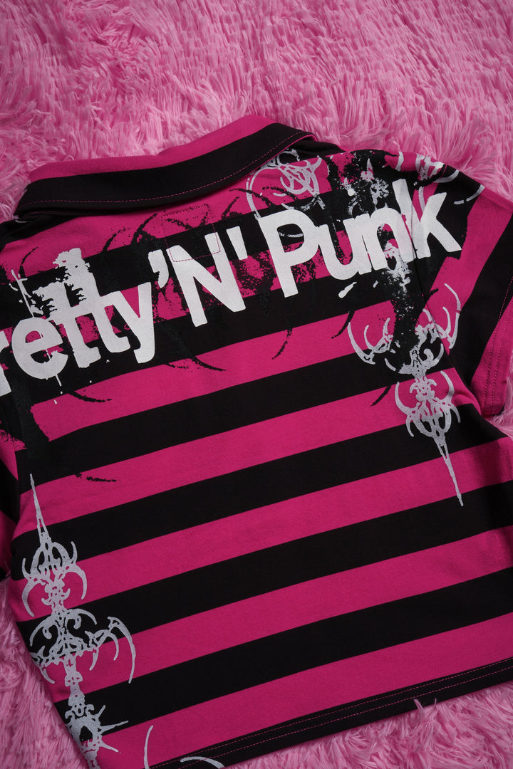 Varsity Villain Mini Cropped Polo in Black/Hot Pink