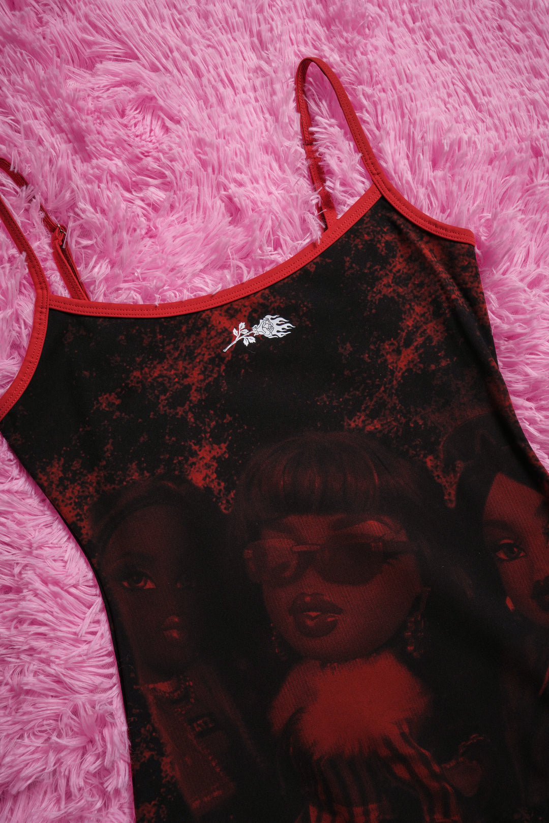 With The Girls Pookie Cami Bodysuit in Black/Red Marble