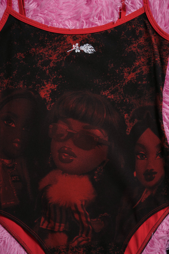 With The Girls Pookie Cami Bodysuit in Black/Red Marble