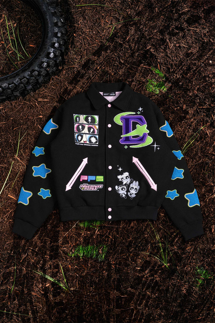 Interstellar Bloom Collared Letterman Jacket in Black