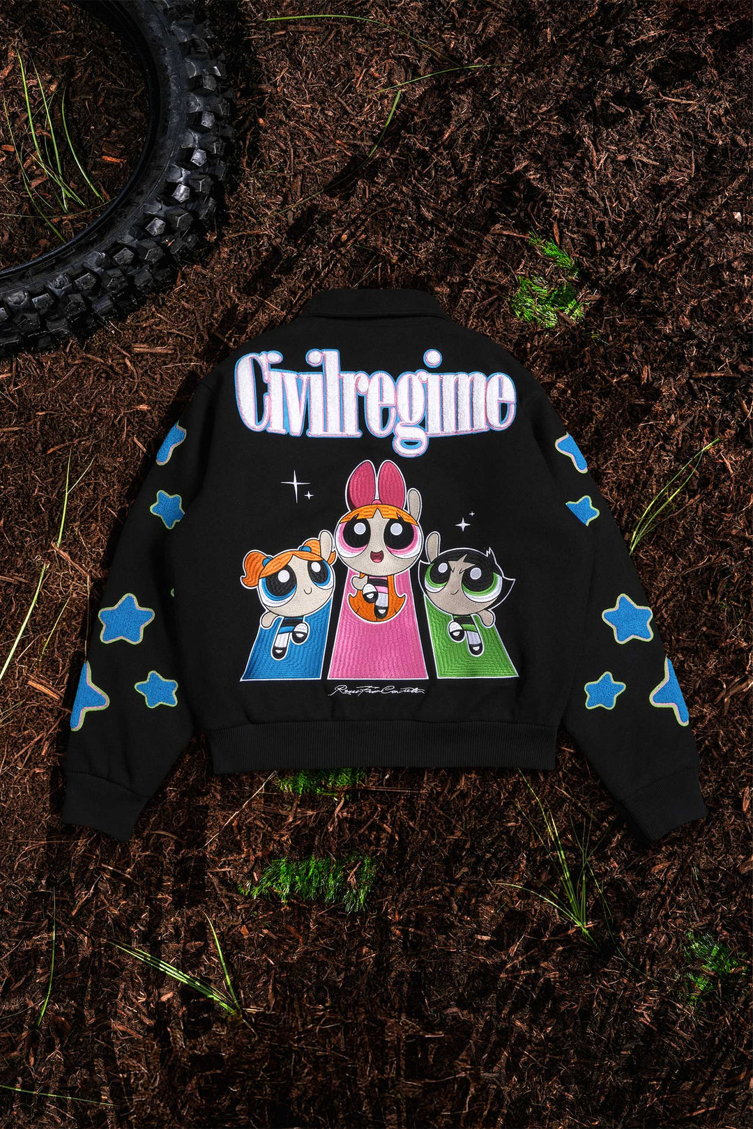 Interstellar Bloom Collared Letterman Jacket in Black