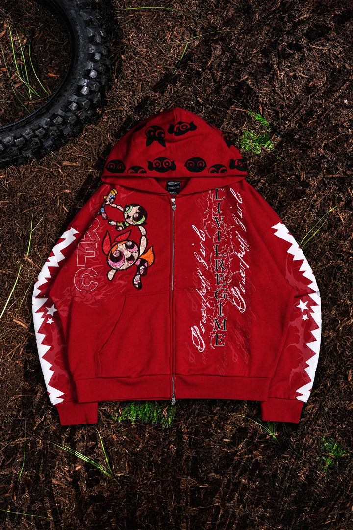 Trio Outliers Distressed Zip Up Hoodie in Red