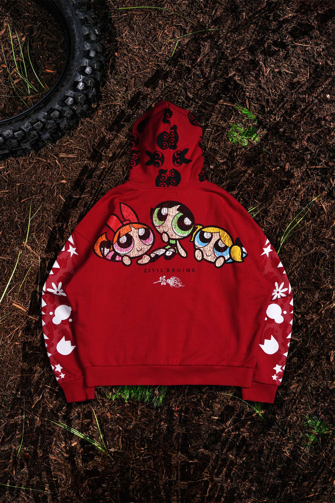 Trio Outliers Distressed Zip Up Hoodie in Red