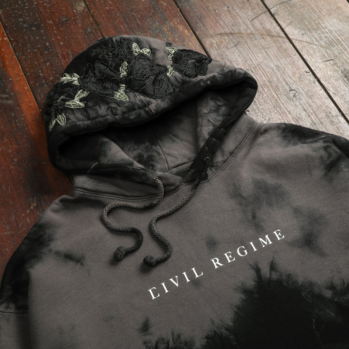 Civil Regime (Black) Roses Hoodie in Marble Noir Wash