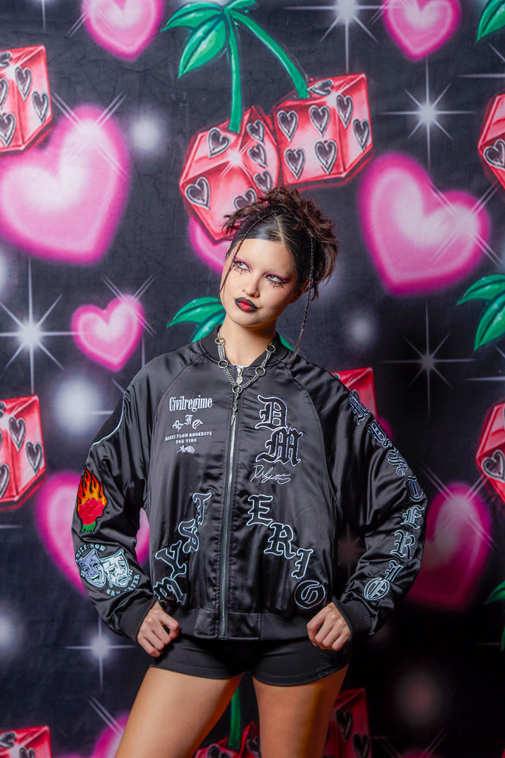 Dirty Dom Satin Bomber Zip Jacket in Black