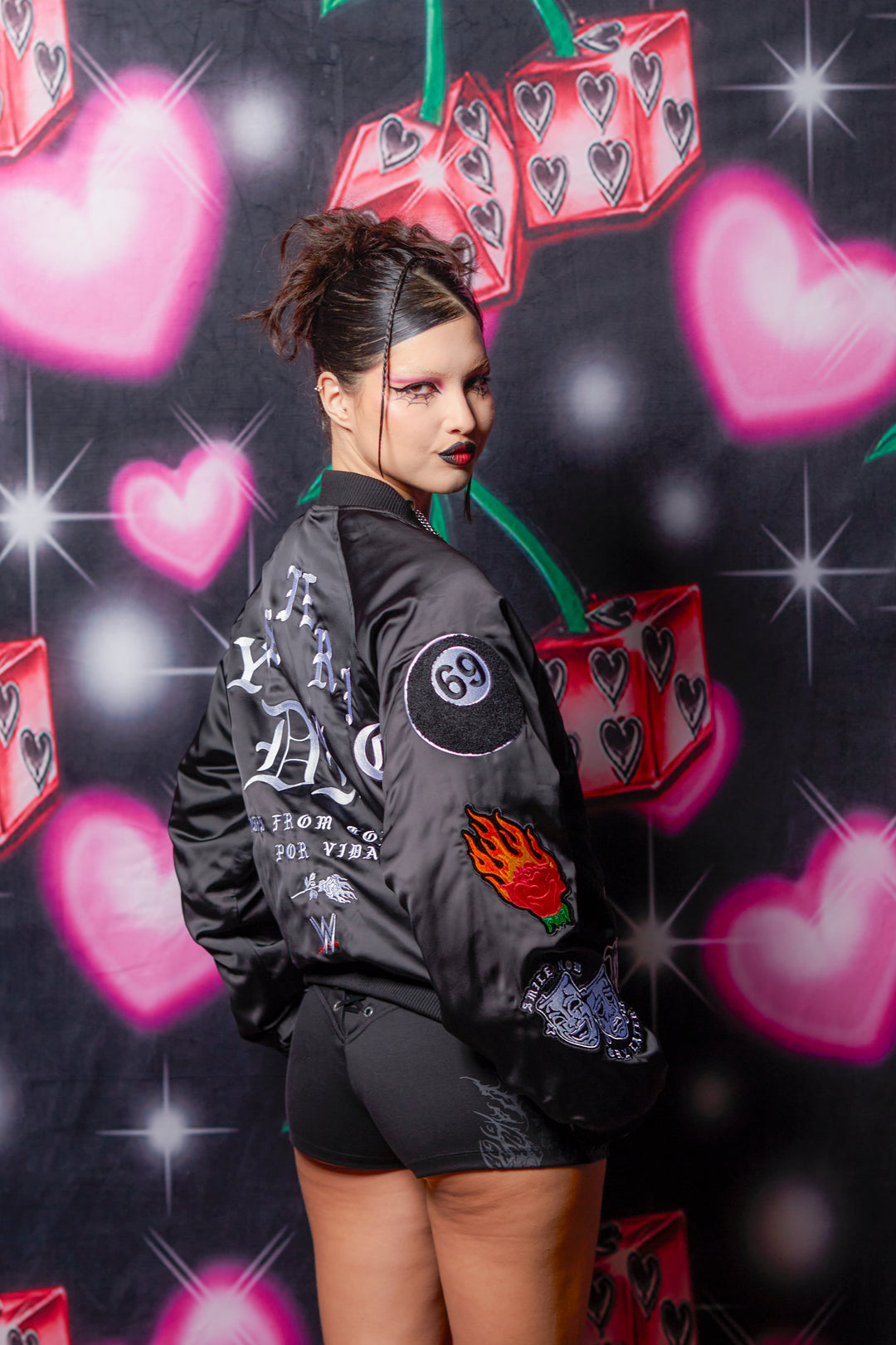 Dirty Dom Satin Bomber Zip Jacket in Black