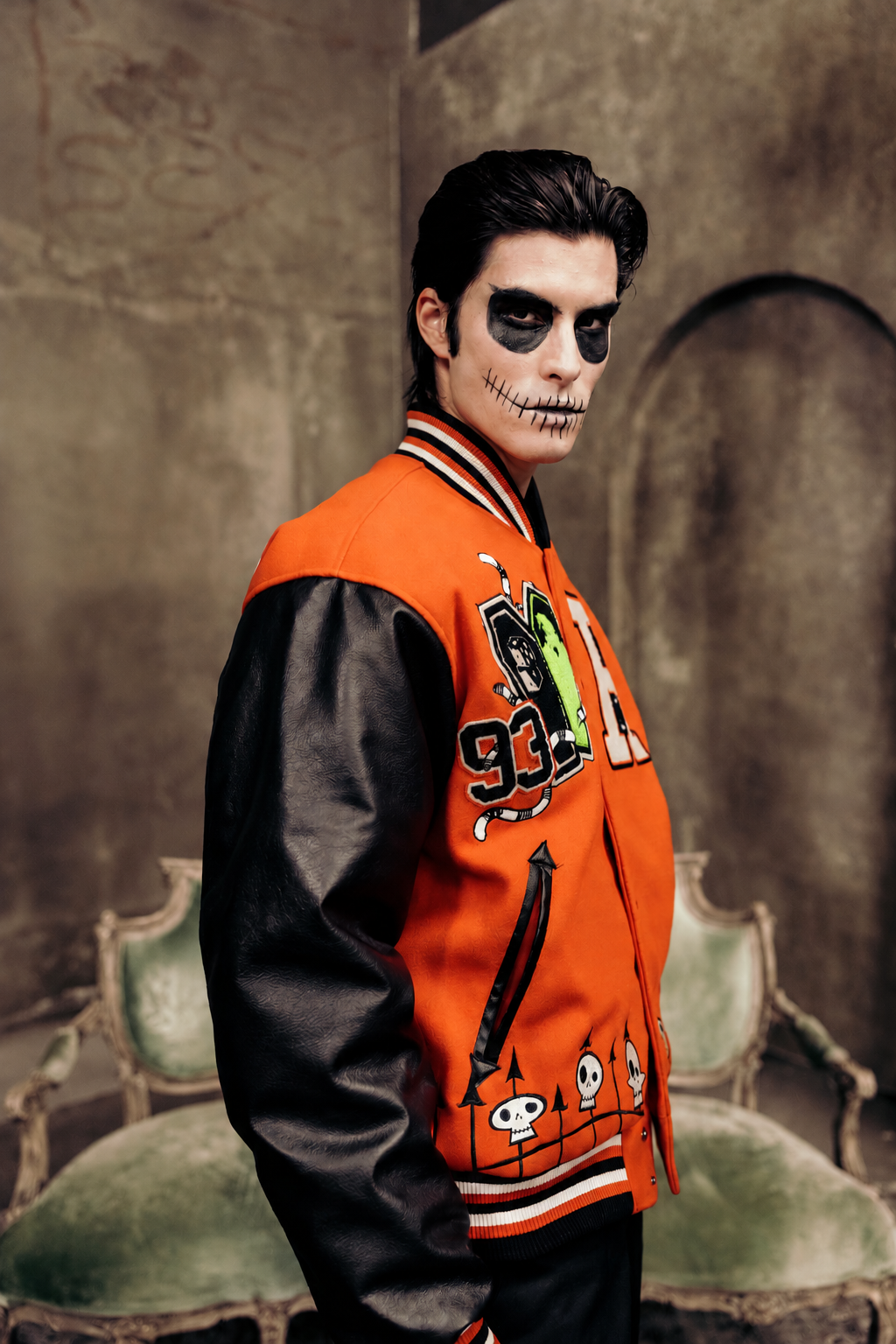 Oogie Boogie Letterman Jacket in Pumpkin Orange/Black