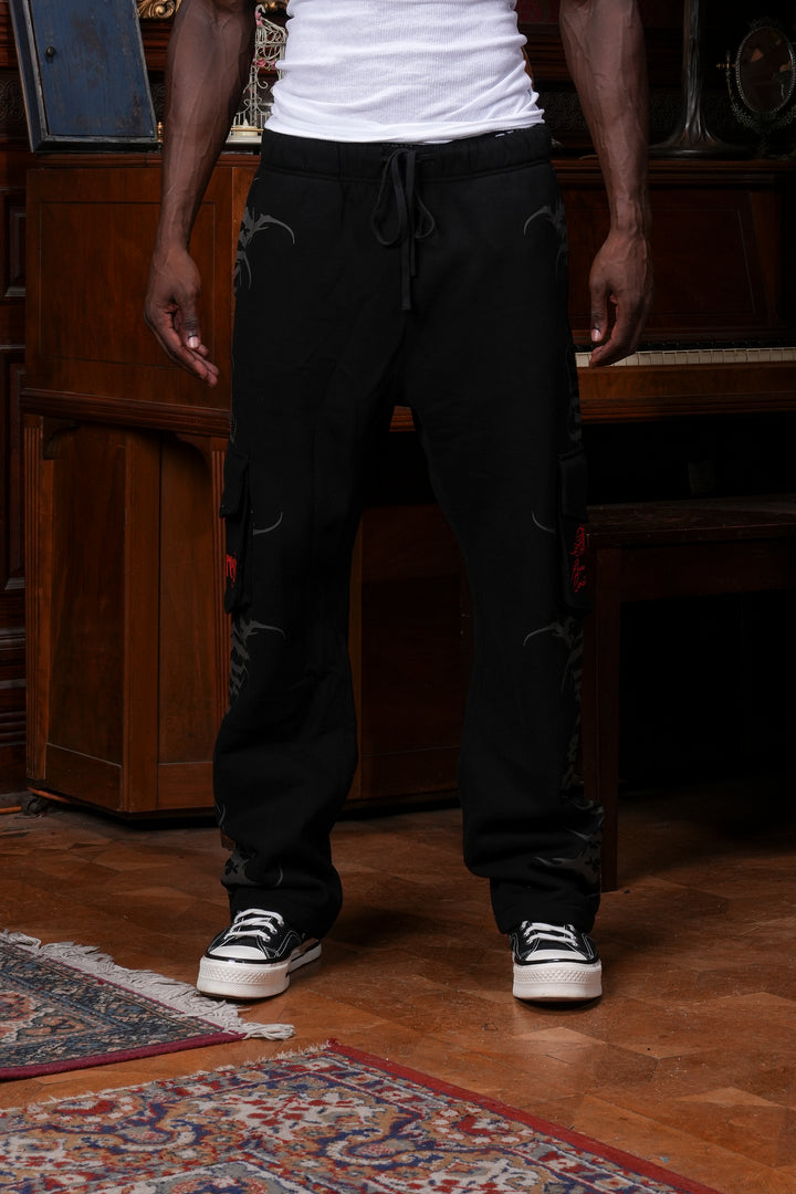 Pure Chaos Wide Leg Cargo Fleece Pants in Black