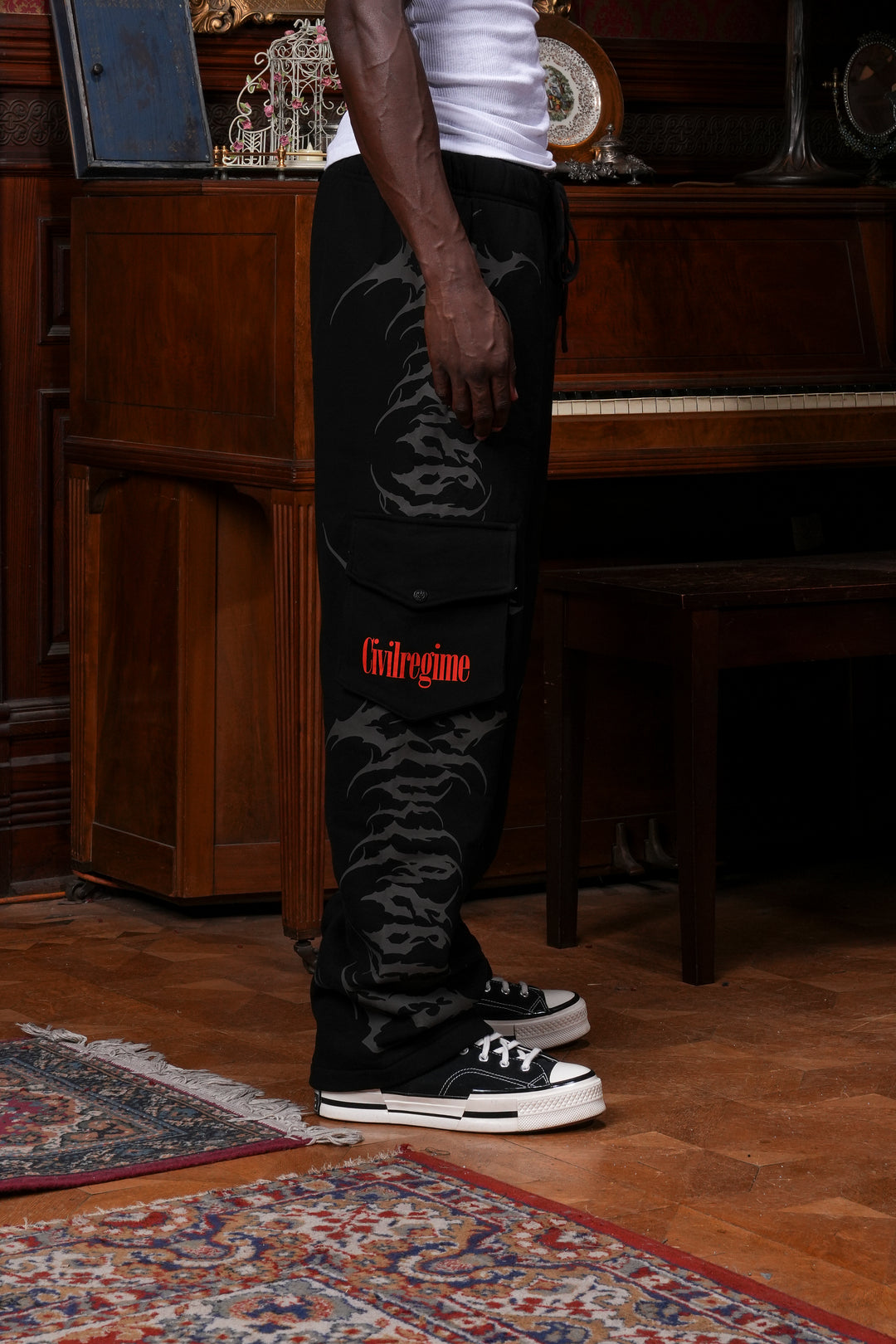 Pure Chaos Wide Leg Cargo Fleece Pants in Black