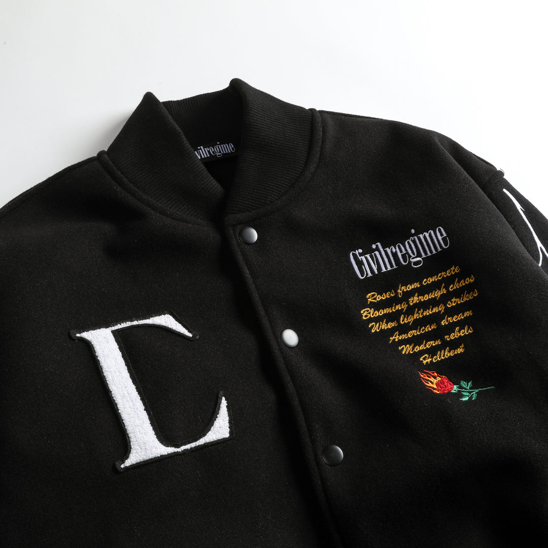 Night Strikes Varsity Jacket in Black