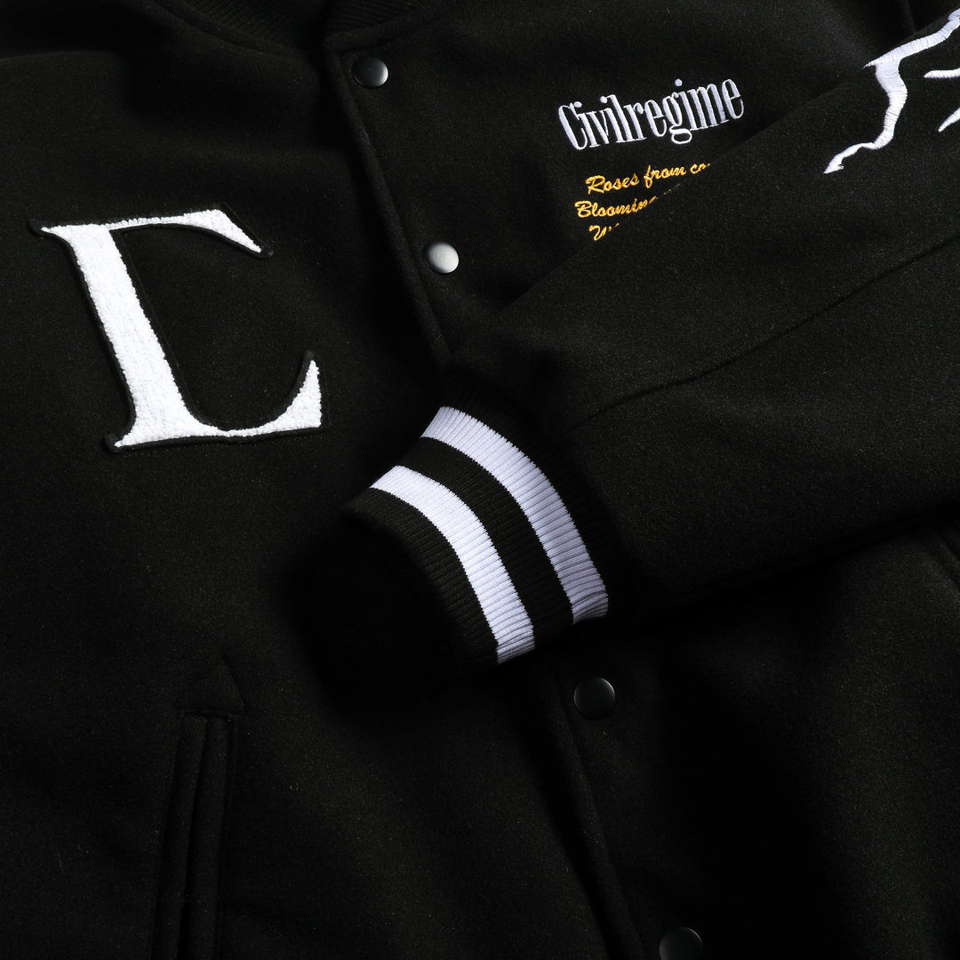 Night Strikes Varsity Jacket in Black