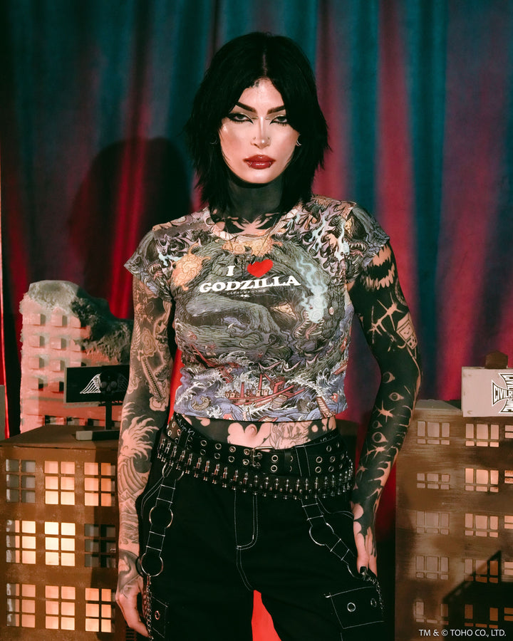 I Heart Godzilla Baby Tee in Godzilla Print