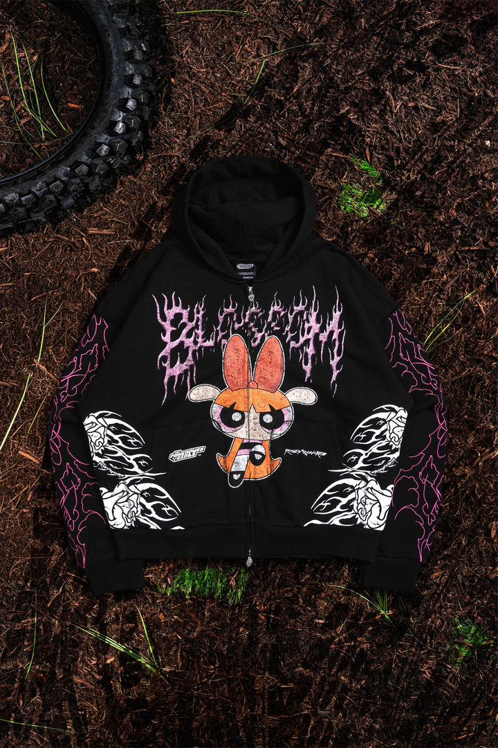 Blossom Civil Zip Up Hoodie in Baby Pink/Black