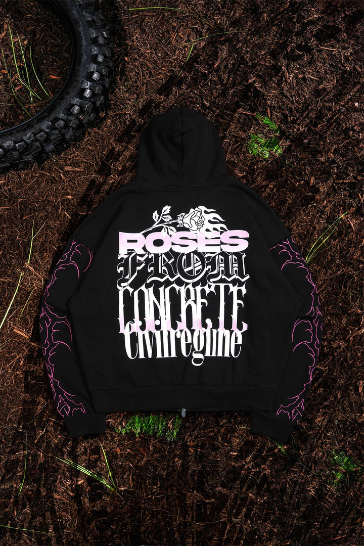 Blossom Civil Zip Up Hoodie in Baby Pink/Black