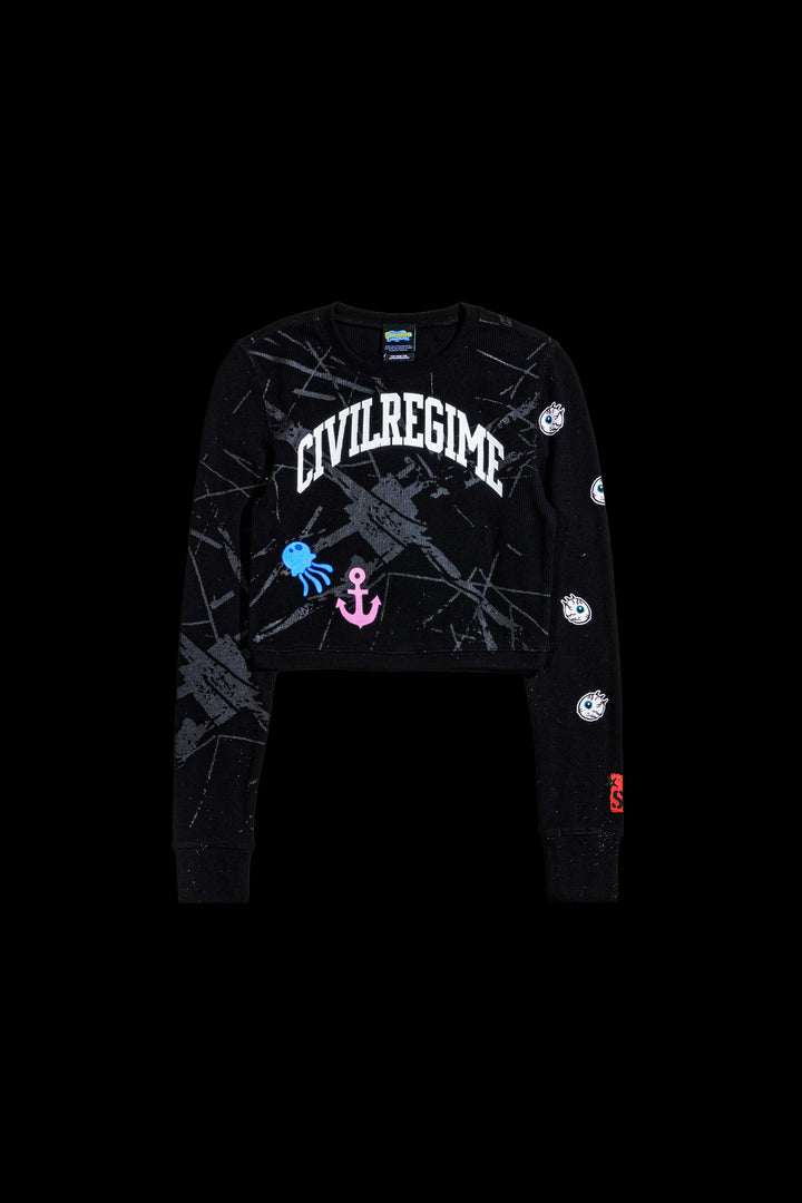Coral Grunge Crop L/S Waffle Thermal in Black