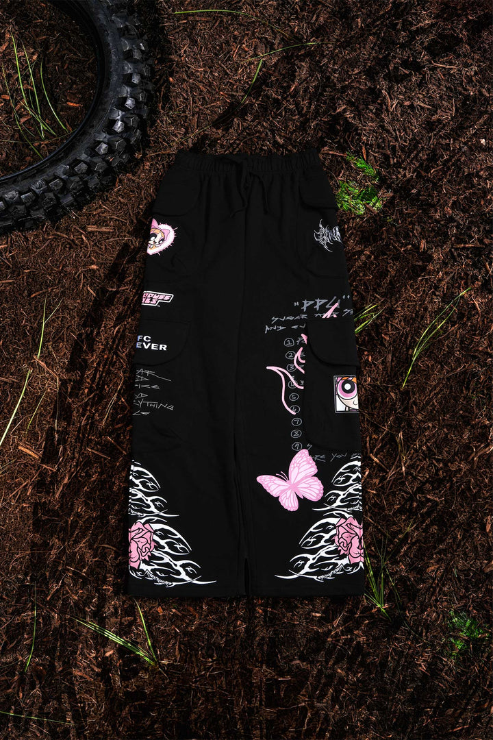 Bloom Blossom Vault Cargo Baggy Pants in Black