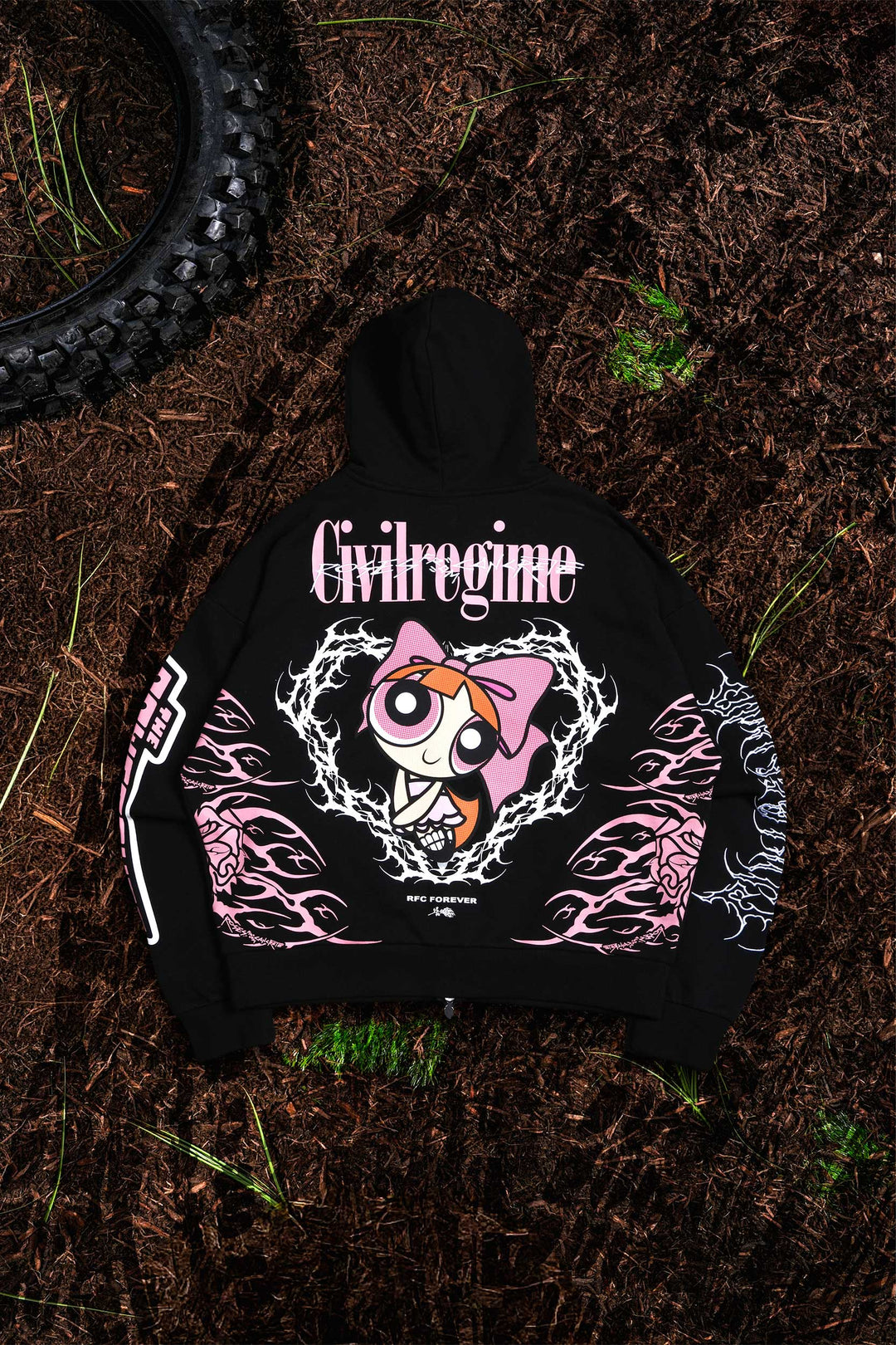 Blossom's Spirit Distressed Zip Up Hoodie in Black