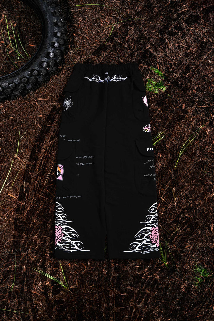 Bloom Blossom Vault Cargo Baggy Pants in Black
