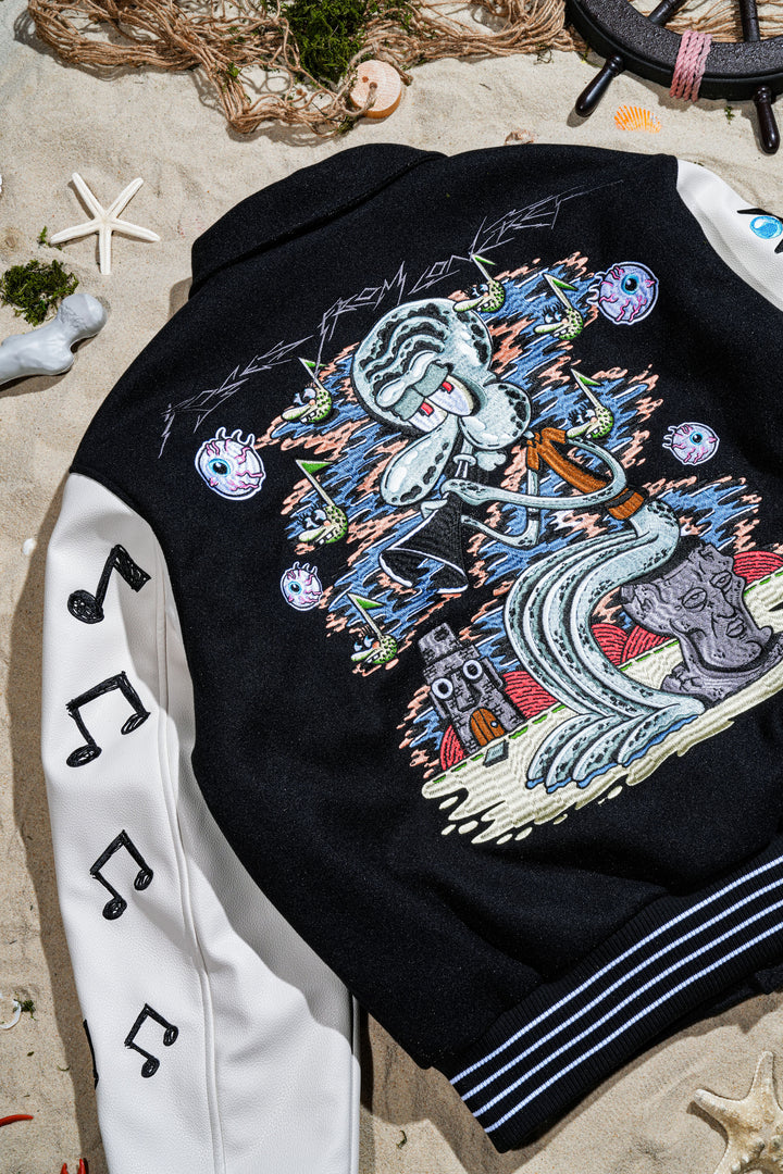 Grimebob Squarepants Varsity Jacket in Black/White