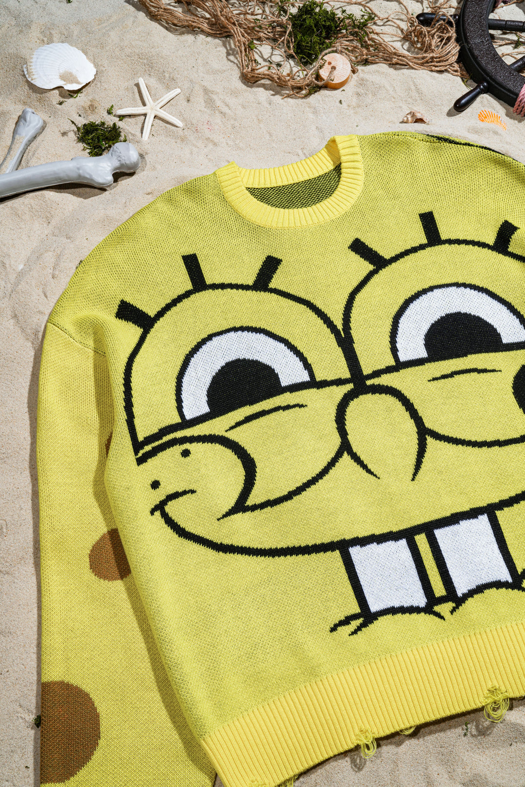 Krusty And Corroded Cable Distressed Knit Sweater in Spongebob Yellow