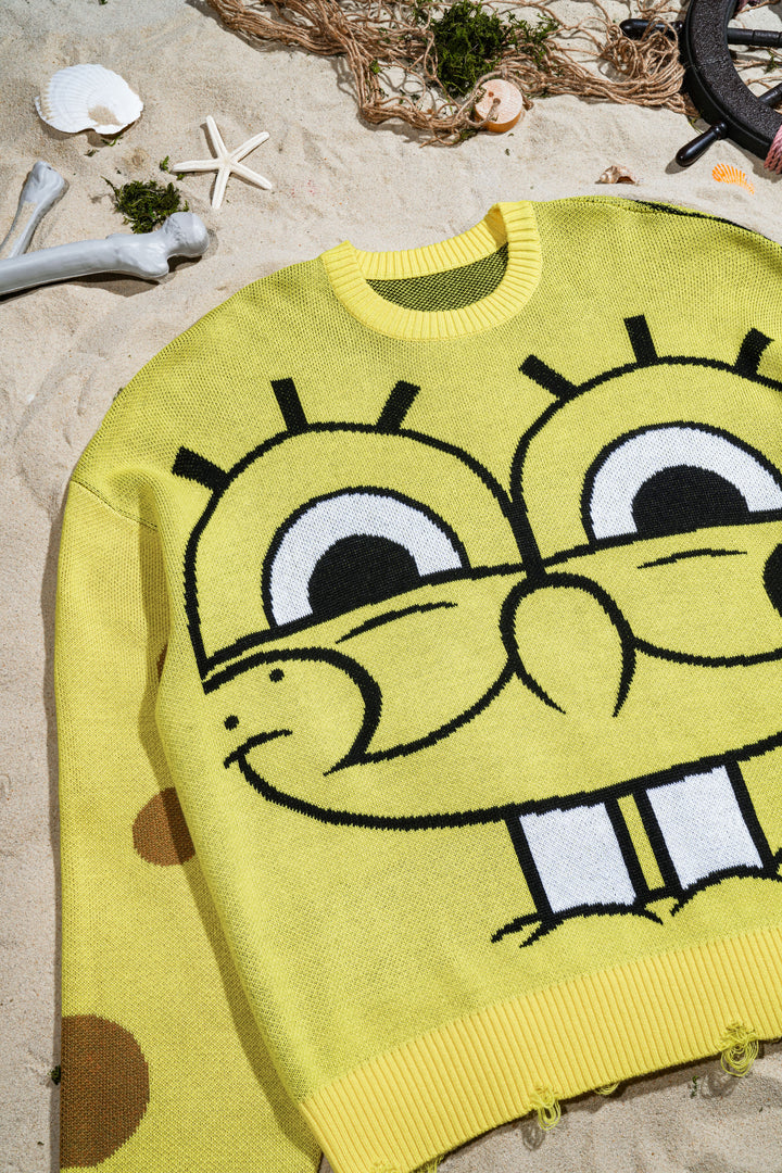 Krusty And Corroded Cable Distressed Knit Sweater in Spongebob Yellow