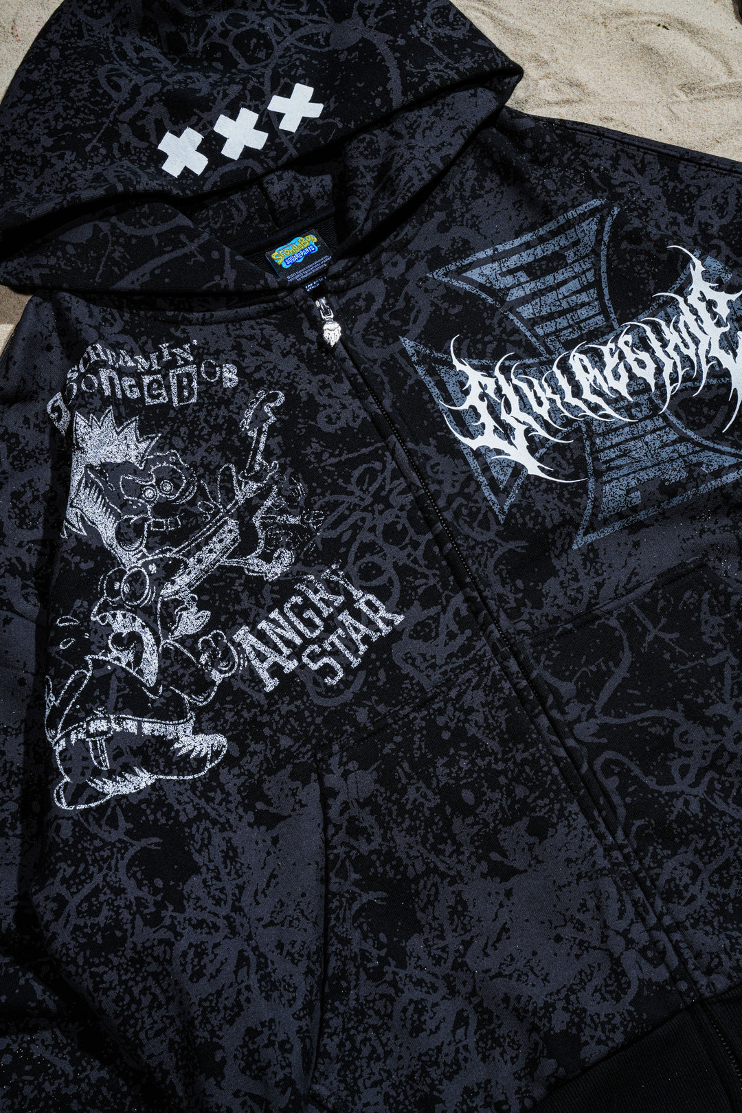 Rok Bottom Outliers Distressed Zip Up Hoodie in Vintage Black