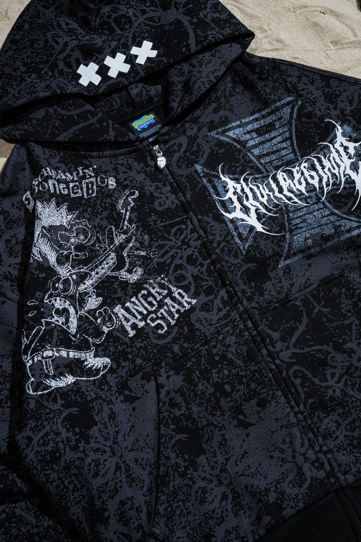 Rok Bottom Outliers Distressed Zip Up Hoodie in Vintage Black