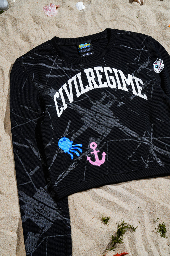 Coral Grunge Crop L/S Waffle Thermal in Black