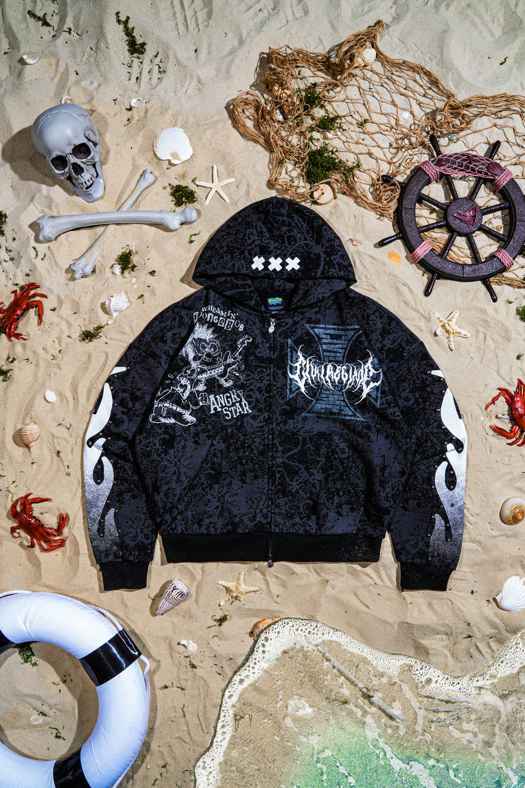 Rok Bottom Outliers Distressed Zip Up Hoodie in Vintage Black