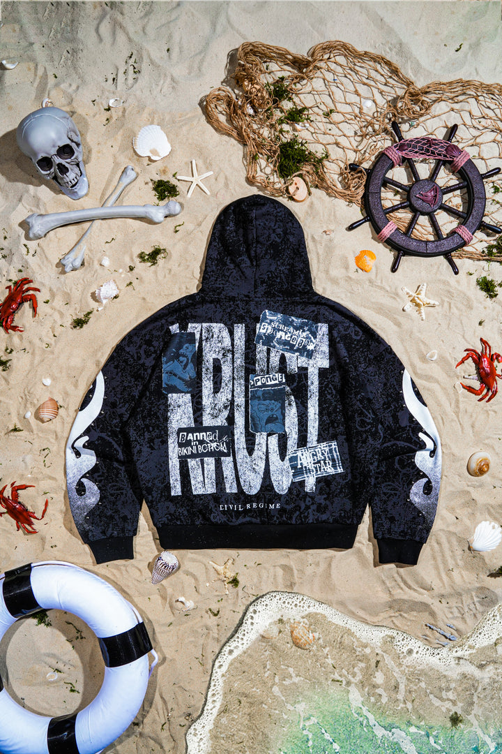Rok Bottom Outliers Distressed Zip Up Hoodie in Vintage Black