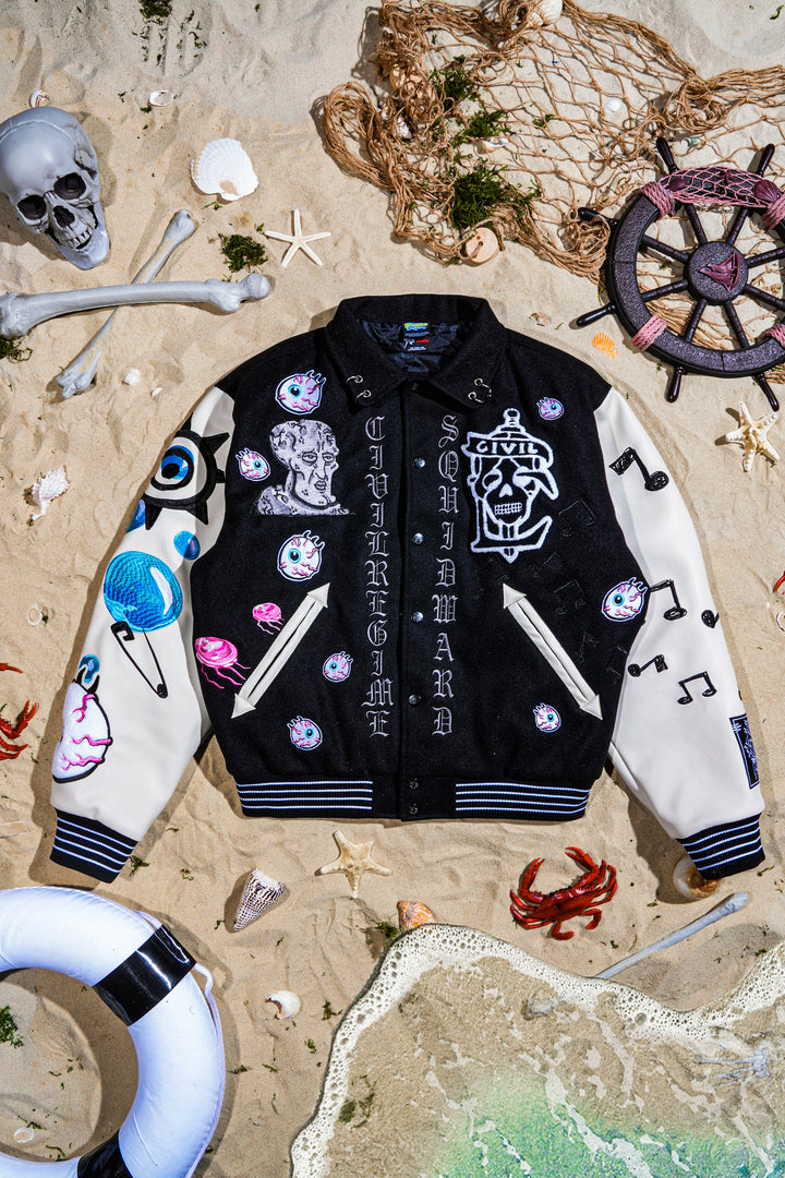 Grimebob Squarepants Varsity Jacket in Black/White