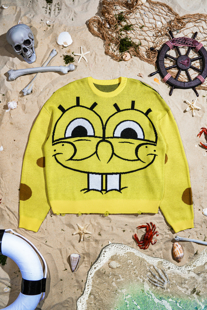 Krusty And Corroded Cable Distressed Knit Sweater in Spongebob Yellow