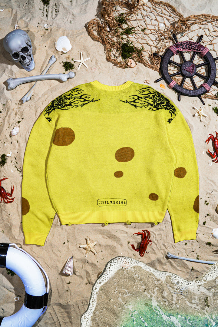 Krusty And Corroded Cable Distressed Knit Sweater in Spongebob Yellow