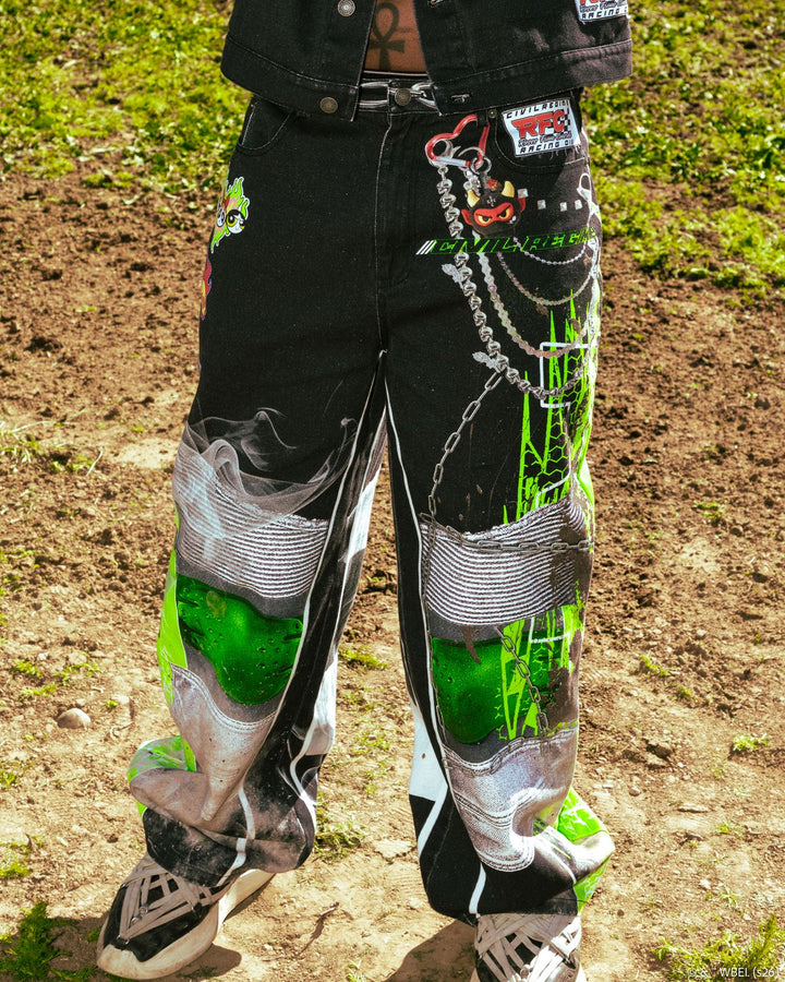 Throttle Sparks Raw Denim Jeans in Black Washed Denim