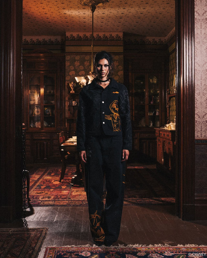 Pumpkin Fright Raw Denim Jacket in Black/Hallow Orange