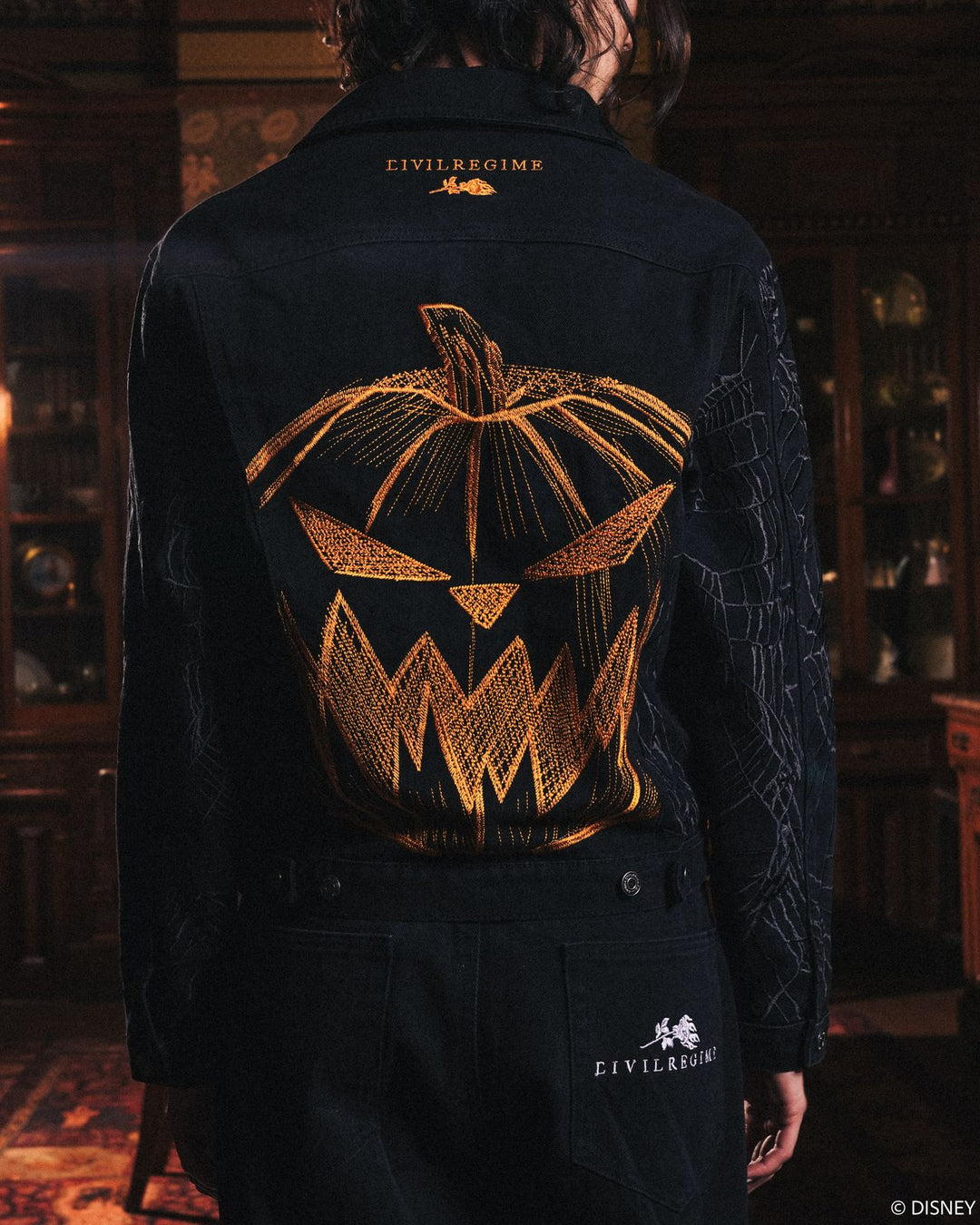 Pumpkin Fright Raw Denim Jacket in Black/Hallow Orange