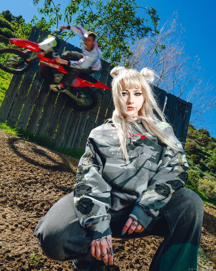 Stray Roses Hoodie in Charcoal Camo